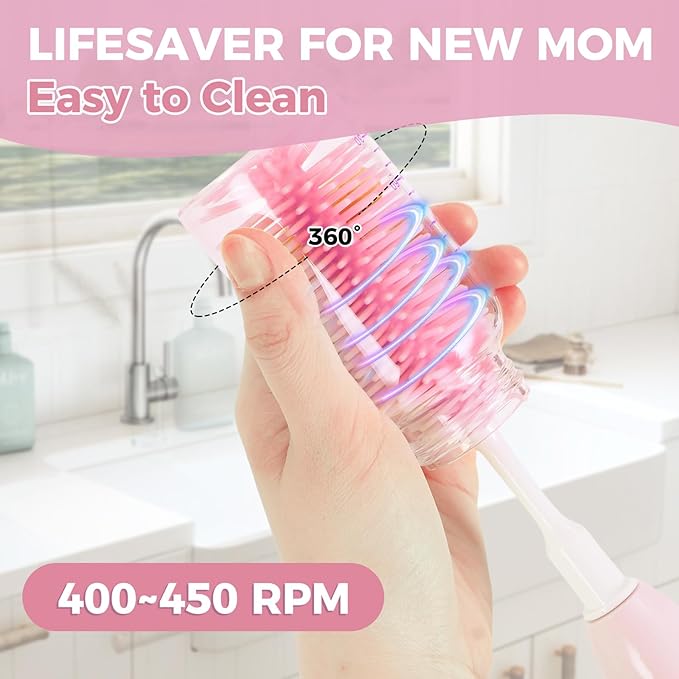 Electric Bottle Brush CleanerRechargable Electric Baby Bottle Brush Cleaner with ThermometerSilicone Bottle/Nipple/Straw BrushDrying RackTravel Bottle Cleaner Kit for New Moms (Pink)