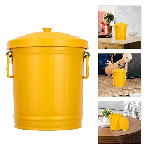 Mini Desktop Trash Can with Lid Compact Iron Garbage Bin for Home Office Odor-Resistant Small Wastebasket for Desk Organization Makeup Brush Holder Decorative Container