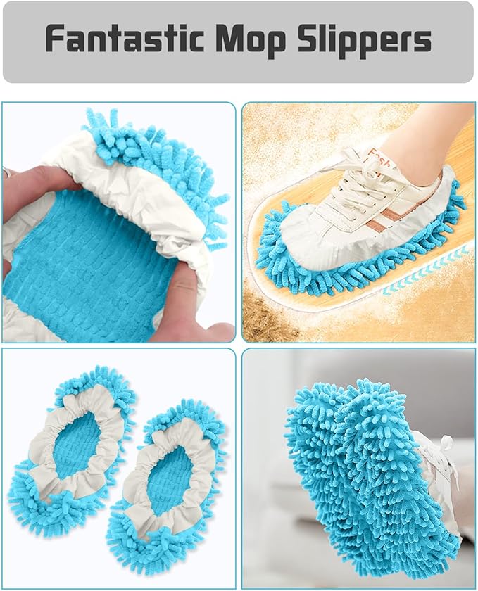 8 Pcs Mop Slippers Socks Floor CleaningMicrofiber Shoe Covers dust Washable Reusable for Woman Man House Kitchen (Blue)