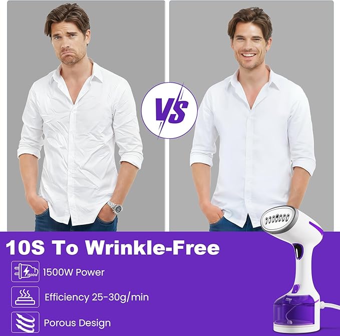 DBC Steamer for Clothes 1500W 20S Fast Heat-up Portable Handheld Steamer for Clothes 2 in 1 Fabric Wrinkle Remover with Fabric Brush 250ml Water Tank Ideal for Home Office Travel Purple