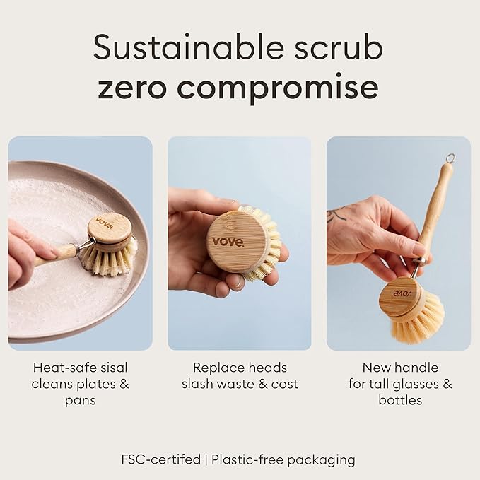 Vove Cleaning Essentials Set – Bamboo Dish Brush with Replacement Head 2 Scrub Brushes 2 Scrub Sponges – FSC Certified Plastic-Free Natural Bristles &amp Loofah – Eco-Friendly Kitchen Cleaning Ki