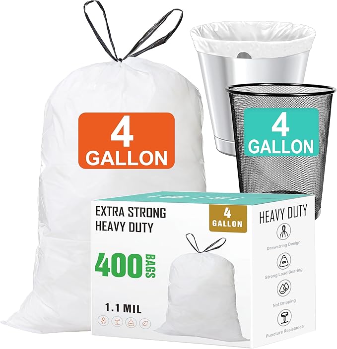 4 Gallon Drawstring Trash Bags (400 Count) 1.1 Mils Heavy Duty Small Garbage Bags Fit 10-15 Liter 2-4 Gal White Trash Bin Liners for Home Office Kitchen Bathroom Bedroom