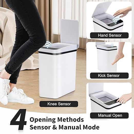 3 Pack Bathroom Trash Can with Lid 2.5 Gallon Small Slim Trashcan Automatic Trash Can Touchless Motion Sensor Waterproof Plastic Trash Bin for Bedroom Kitchen Office Living Room (Black+Gray+White)