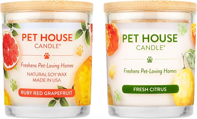 One Fur All Pet House Candle 2 Pack - Plant-Based/Soy - Clean Burning Scented Long Lasting Pet Odor Candle for Home - Ruby Red Grape Fruit Fresh Citrus