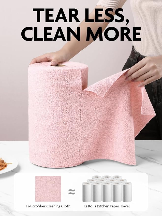 Fantasticlean Microfiber Cleaning Cloth Roll -150 Pack Tear Away Microfiber Towels 12 x 12 Reusable Washable Ultra Absorbent Dishcloth for All-Around Cleaning Supplies (Pink &amp Grey)