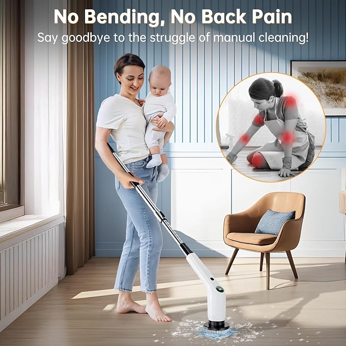 Electric Spin Scrubber Cordless Shower Scrubber with 8 Scrub Brush 2 Speed with Adjustable Extension Handle Battery Level Display Power Scrubber for Bathroom Bathtub Tile Floor (Black)