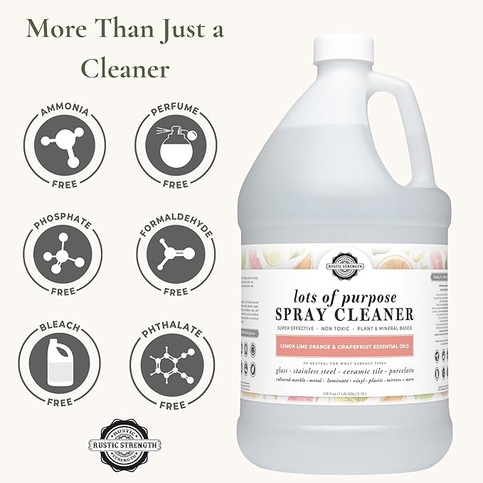 Rustic Strength Lots of Purpose Spray Cleaner Lemon Lime Orange &amp Grapefruit Multi-Surface pH Balanced Non-Toxic Biodegradable 1 Gallon Plastic