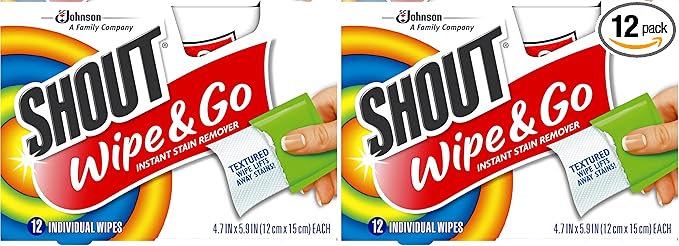 Shout Wipes Stain Remover for Clothes Laundry Instant Stain Remover and Individually Wrapped Travel Essentials Works on Everyday Stains 12 Wipes per Carton (6 Cartons) (Pack of 12)