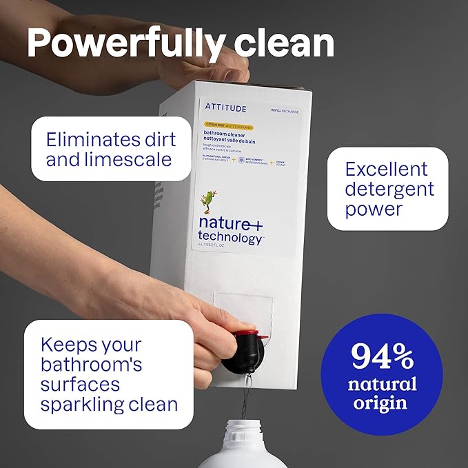 ATTITUDE Bathroom Cleaner Spray Refill EWG Verified Plant-Based &amp Vegan Safe for Bathroom Surfaces Tiles Tubs Shower Walls and Grout Citrus Zest Scent 135.26 Fl Oz (Pack of 2)