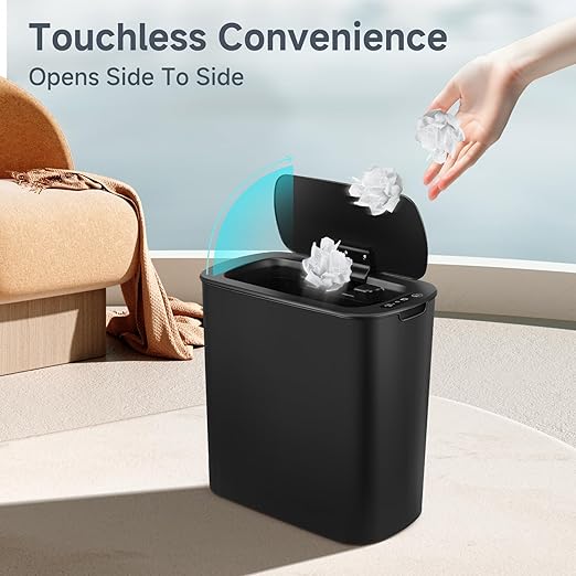 TIPGO 5 Gallon Motion Senor Bathroom Trash Can with Lid Automatic Garbage Can Touchless Smart Plastic Waste Basket for Narrow Spaces Bathroom Office Bedroom Living Room (Black)