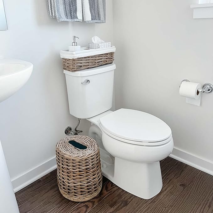 The Basket Lady Drop-in Oval Wicker Waste Basket with Removable Metal Liner Serene Grey 12 L x 9.5 W x 12 H 3 Gallon Capacity