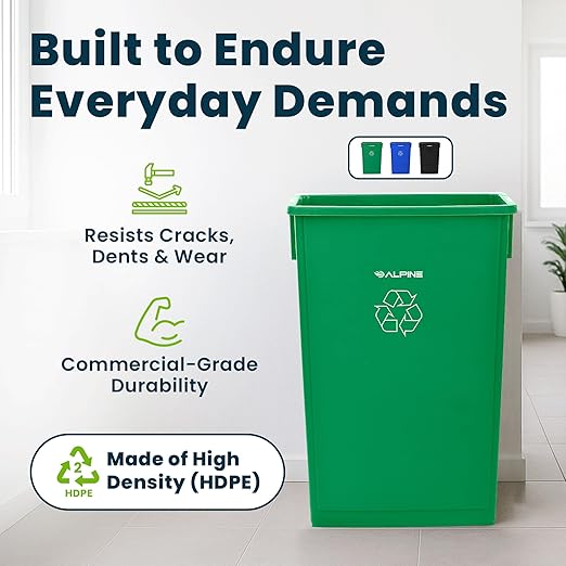 Alpine 23 Gallon Slim Recycling &amp Trash Bin Set – 3-Pack Blue/Black/Green Plastic Narrow Open-Top Garbage Cans for Office Home School &amp Commercial Use