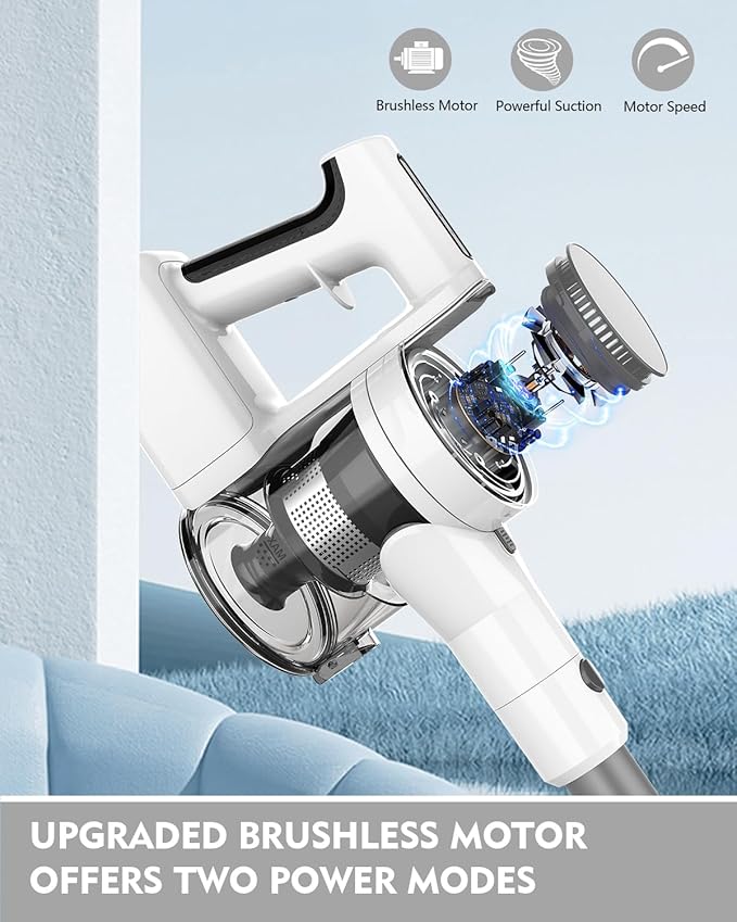 Cordless Vacuums 80000PRM Powerful Motor Vacuum Cleaner and 2200mAH Rechargeable Battery up to 35 Mins Worktime 2 Adjustable Modes Detachable Parts Wireless Stick Vacuum (Frost White)