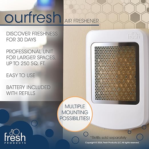 Fresh Products ourfresh 2 Air Freshener Replace Metered Aerosol with Dry Fragrance 30 Day Use Medium Sized Spaces Light Activated Battery Operated Refill Reminder White Dispenser 1 pk