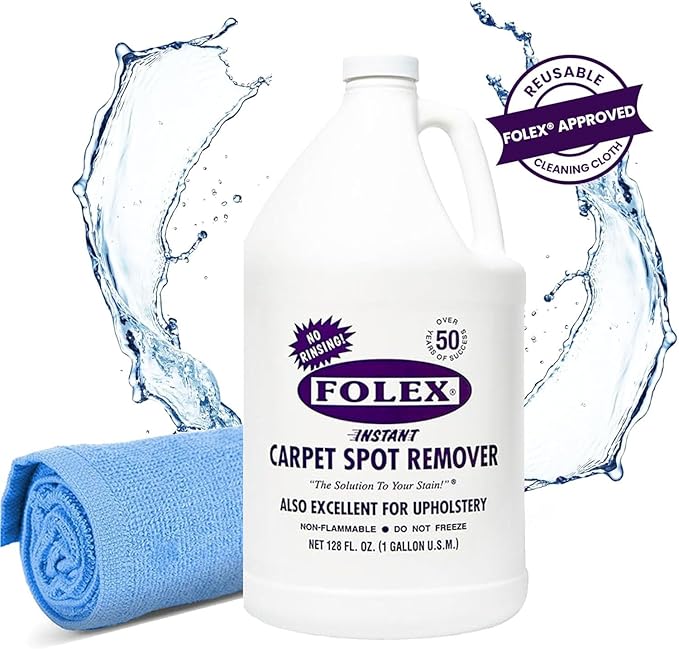 FOLEX Instant Carpet Spot Remover 128 oz - Powerful Stain Remover for Carpets Upholstery &amp Rugs - Eliminates Pet Stains Grease Red Wine Food Makeup &amp More - With Reusable Cleaning Cloth -