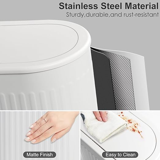 Anzoymx Bathroom Trash Cans White Stainless Steel Small Garbage Can with Pop up Lid 1.8 Gallons Dog Proof Narrow Wastebasket Slim Litter Trash Bins for Bedroom Toilet Office