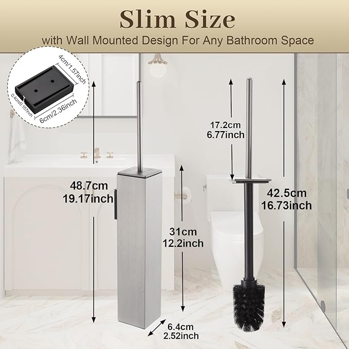 Toilet Brush and Holder Wall Mounted Brushed Nickel Aluminum with 2 Replaceable Heads Bathroom Toilet Brush Drill or 3M Adhesive Mount for Bathroom
