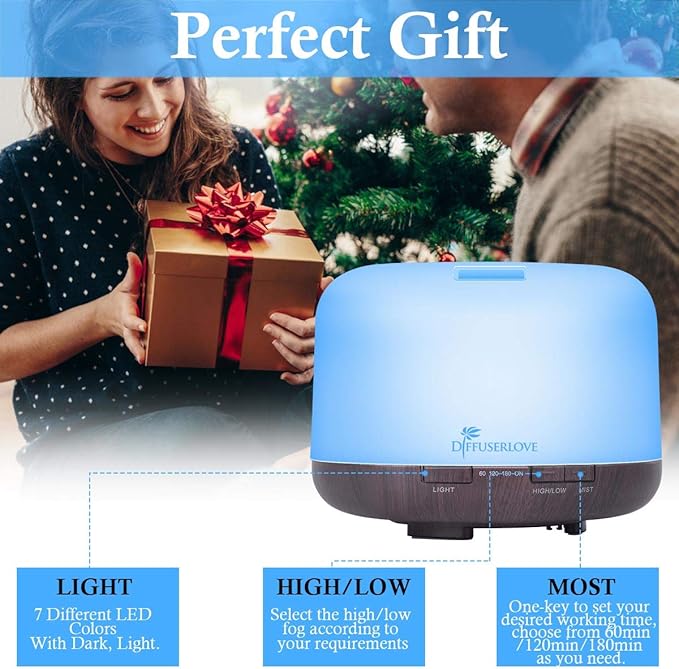 Diffuserlove Essential Oil Diffuser 500ML Aromatherapy Diffuser Mist Humidifiers 7 Color LED Lights Diffusers for Home Office Bedroom (Size:6.7 L x 6.7 W x 4.7 H)
