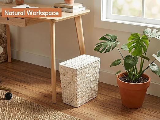 Wicker Trash Can with Lid and LinerBoho Decotative Small Bathroom Trash CansWaterproof Slim Waste Basket for BedroomHome Office3 Gallon Cream White