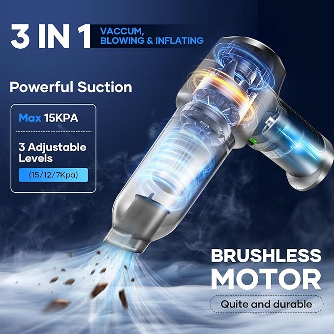 Mini Vacuum Cleaner 3 in 1 Car Vacuum Cleaner High Power 15000PA Powerful Suction Air Duster 7500mAh Dual FilterAdjustable Small Vaccum Portable Cordless for CarsDesktopHome - HL137
