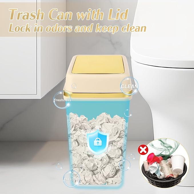 Bathroom Trash Can with Lid 4 Gallon Trash Can with Swing Lid Beige Small Garbage Can Bathroom Garbage Can with 300 Counts Trash Bags for Kitchen Bedroom Office