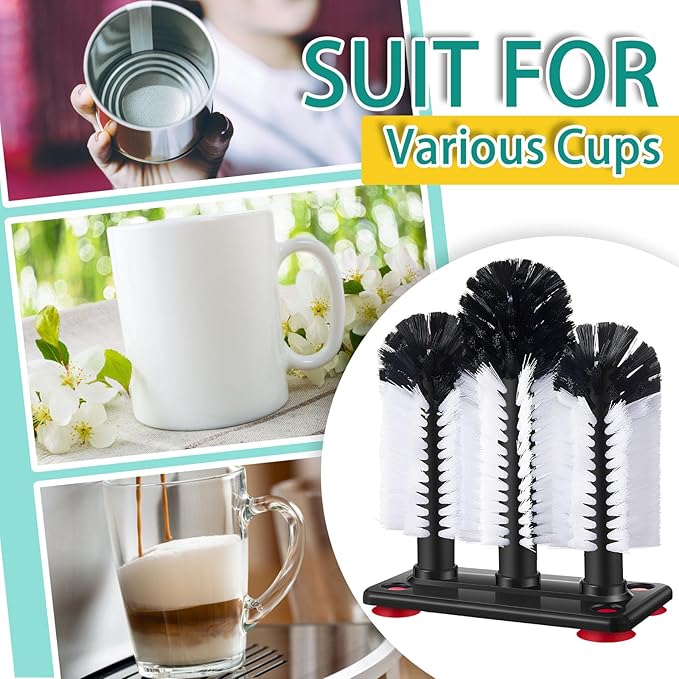 Havawish 2 Pack Water Bottle Cleaning Brush with Suction Base 3 Head Bristle Bar Glass Washer for Sink Cup Washer Brush Cleaner for Bar Beer Cup Wine Glass Long Leg Cup Kitchen Tools