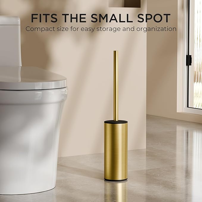 FORIOUS Toilet Brush and Holder Set 304 Stainless Steel Long Handle and Heavy Duty Base for Bathroom Deep Cleaning Drip-Proof Space Saving for Storage 2 Toilet Bowl Brush Head Dark Gold