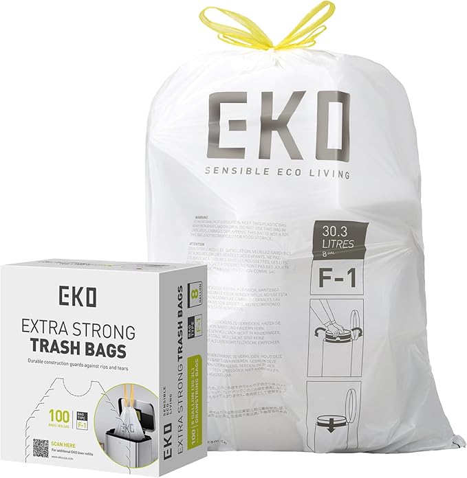EKO 8 Gallon / 30.3 Liter100 Count Drawstring Trash Bags Extra-Strong Unscented Garbage Bags Easy-Dispense Roll for Kitchen &amp Household Use Resists Tears Leaks and Punctures Code F-1 White