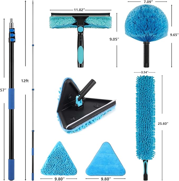20 Foot Painted Wall Cleaner Mop with 12 Ft Heavy Duty Extension Pole 3-in-1 High Ceiling Cleaning Tool with 4 Microfiber Chenille Pad Cobweb Duster Fan Baseboard Window Squeegee Kit (12ft)