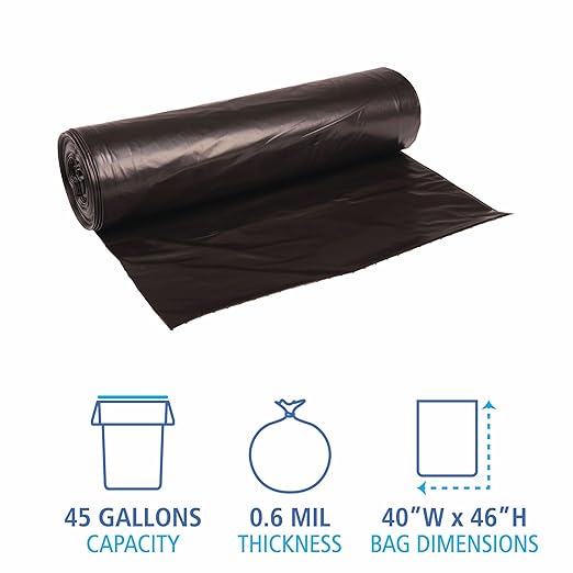 Boardwalk Low-Density Waste Can Liners 45 gal 0.6 mil 40 x 46 Black 25 Bags/Roll 4 Rolls/Carton