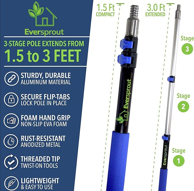 EVERSPROUT 1.5-to-3 Foot Cobweb Duster and Extension-Pole Combo (8-10 Ft Standing Reach Soft Bristles) | Hand Packaged | Lightweight 3-Stage Aluminum Pole | Indoor &amp Outdoor Use Brush Attachment