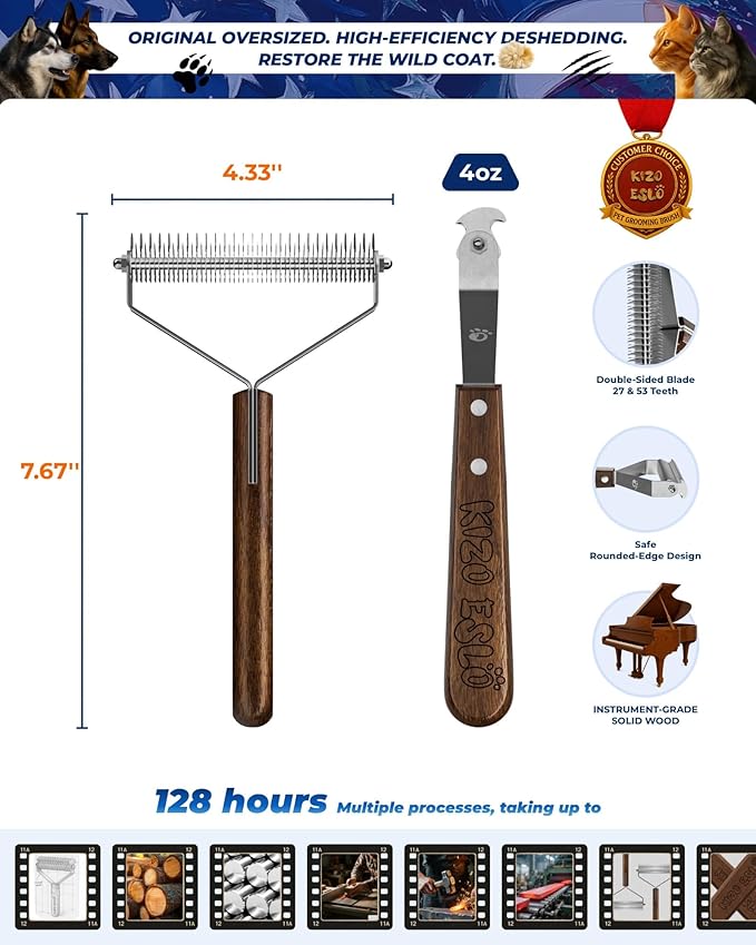 Extra Large 2-Sided Dog Brush For Shedding Undercoat Rake for Dogs &amp Cats Remove Mats Dematting CombGentle Grooming Brush for German Shepherds Medium to Long-Haired Pets(Premium Walnut Handle)