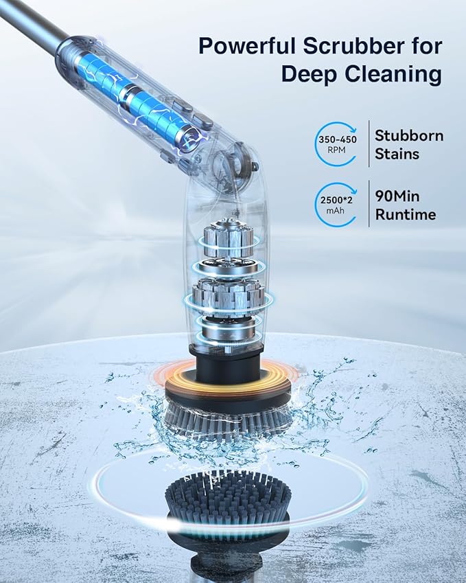 Leebein Electric Spin Scrubber Shower Scrubber with 4 Adjustable Angles and 8 Brush Heads Electric Scrubber with Long Handle &amp Remote Controller Cleaning Brush for Bathroom Tub Floor (Black)