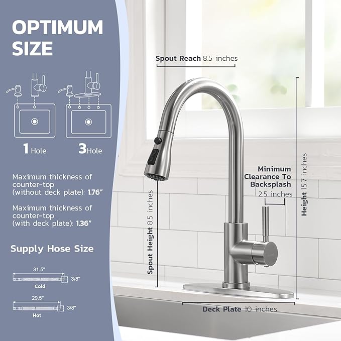 WEWE Kitchen Sink Faucet with Soap Dispenser Kitchen Faucet with Pull Down Sprayer 3 Modes Stainless Steel Single Handle Single Hole Pull Out Brushed Nickel Faucet for Bar Laundry RV Utility Sink