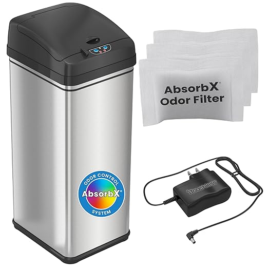iTouchless Automatic Trash Can with AC Adapter and 3 Odor Filters Big Lid Opening Touchless Sensor Kitchen Trash Bin 13 Gallon Stainless Steel