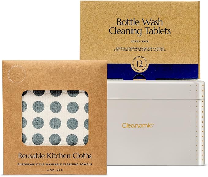 CLEANOMIC Reusable Kitchen Cloth Bottle Wash Cleaner Tablets &amp Tablet Tin Bundle