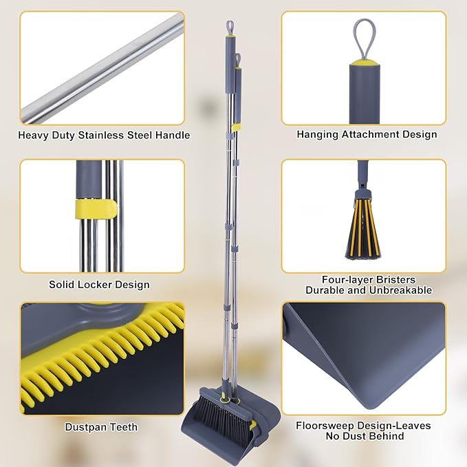 Heavy Duty Broom and Standing Dustpan Combo Set Rotatable Head Dust Pan and Brush Set with Collapsible Handle Cleaning Teeth Hanging Loop Ideal for Pets RV Kitchen Camping Outdoor Floor Gray