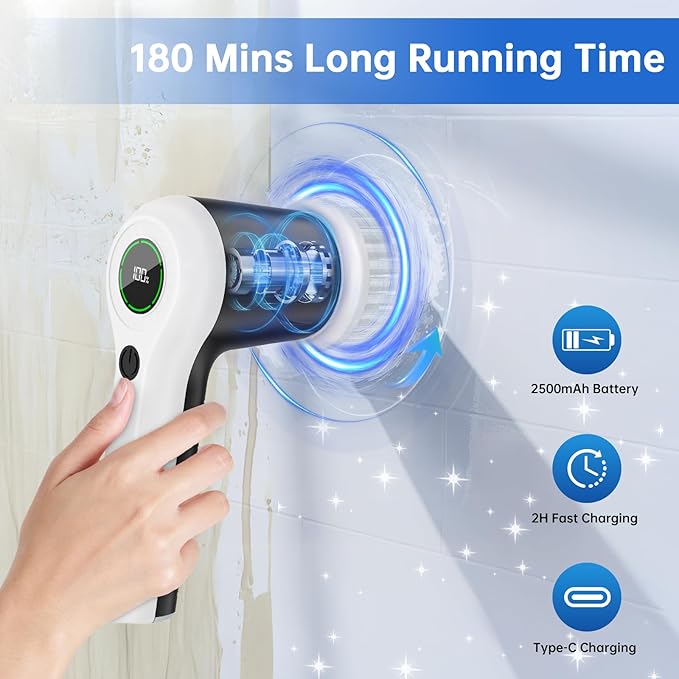 Electric Spin Scrubber Cordless Shower Scrubber with Battery Level Display 2 Speeds Electric Scrubber for Cleaning with 6 Replaceable Heads Cleaning Brush for Bathroom/Sink/Window