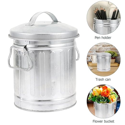 Mini Metal Trash can with Lid Bucket Shaped Small Wastebasket for Desktop Office Bedroom and Home Use Versatile Storage Barrel for Pens Flowers and Rubbish 7.48X5.70X5.11 Inches