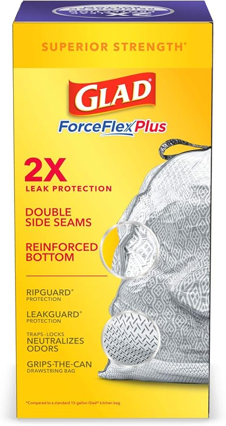 Glad Trash Bags ForceFlexPlus Tall Garbage Drawstring Garbage Bags - 13 Gallon Grey Trash Bag Lavender with Febreze Freshness 34 Count (Package May Vary)