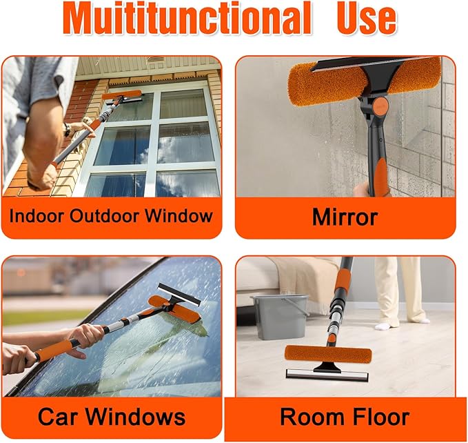 25FT Reach Window Squeegee Kit with Extension Pole 2-in-1 Professional Washer for High Windows 5-20FT Adjustable Reach Rotatable Head for Indoor &amp Outdoor Use Streak-Free Cleaning Tool for Hom