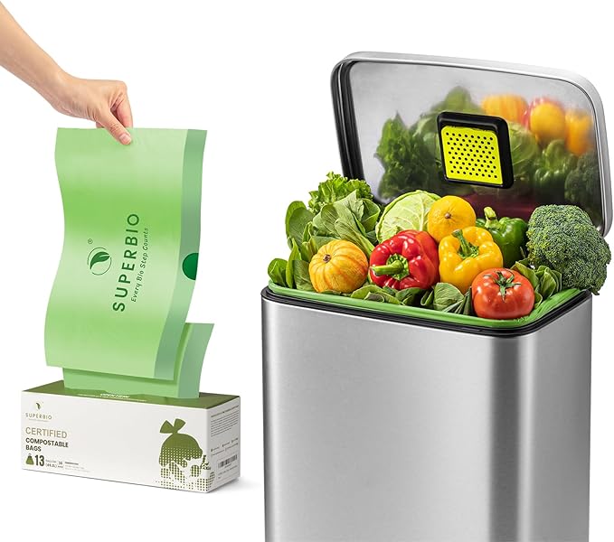 SUPERBIO 13 Gallon Compostable Drawstring Kitchen Waste Bag 49.2 Liter 30 Count1 Mil Heavy Duty Food Scrap Bags BPI Seedling and OK compost INDUSTRIAL