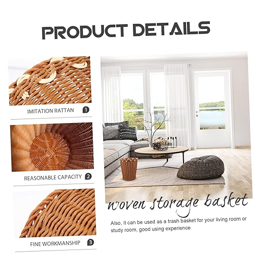 Healifty Woven Trash Can Basket Imitation Rattan Wastebasket for Bedroom and Living Room Stylish Sundries Storage Container Decorative Design for Home Organization