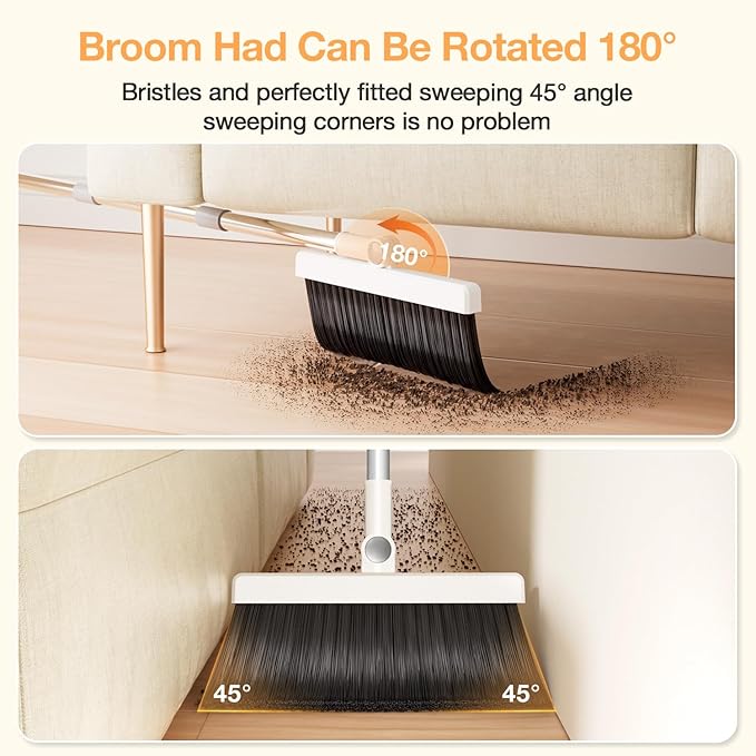 Broom with Dustpan Combo SetUOEOS One-Sweep CleanPet Hair Removal Broom with Self-Cleaning Double-Layer TeethHigh Density Broom and Windproof Dustpan for Indoor&ampOutdoor