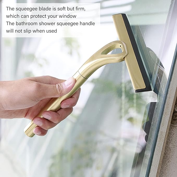 Shower Squeegee for Glass Doors with Adhesive Hook Gold Window Squeegee Rubber Scraper for Bathroom Window Mirror Car Glass Tile Wall