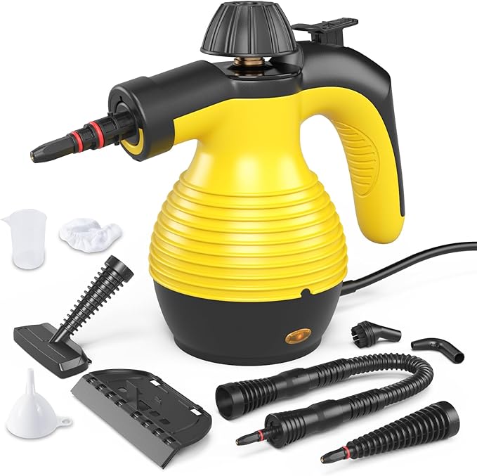 COSTWAY Handheld Steam Cleaner 1050W Portable Household Steamer with 9 Accessories 12 oz Water Tank Multipurpose Pressurized Steam Cleaning Machine for Floor Window Grease Grime (Yellow)