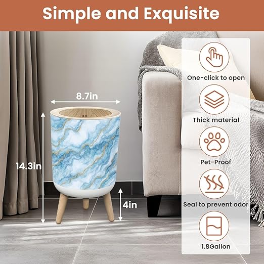 Bathroom Trash Can with Lid Abstract White Blue Marble Gold Glitter Veins Fake Stone Texture Garbage Bin Waste Basket for Kitchen Office Bedroom Decoration Diaper Pail 1.8 Gallon
