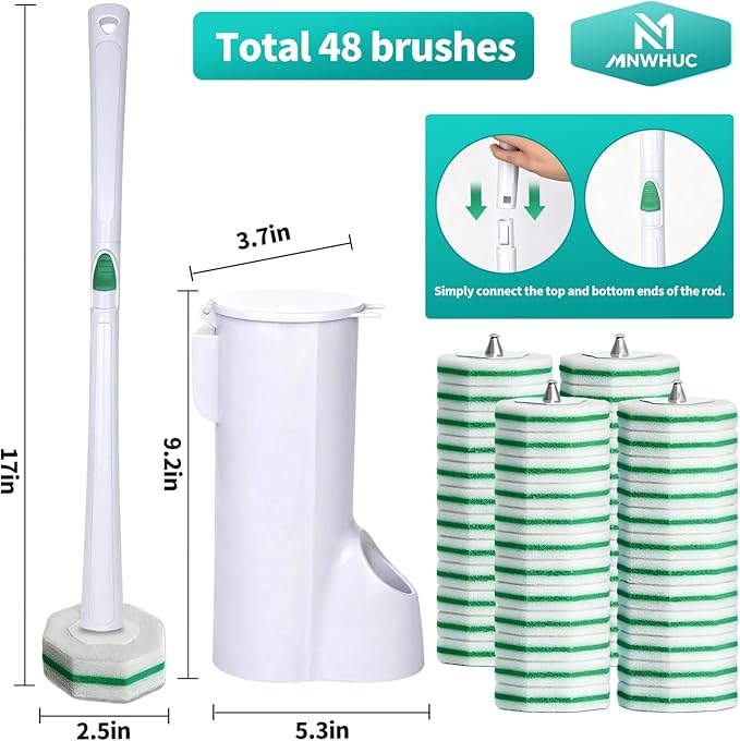 Disposable Toilet Brush Toilet Bowl Cleaning System with 48 Count Wand Refill Clean Brush Starter Kit with 1 Toilet Wand 1 Storage Caddy and 1 wall Sticker (White)