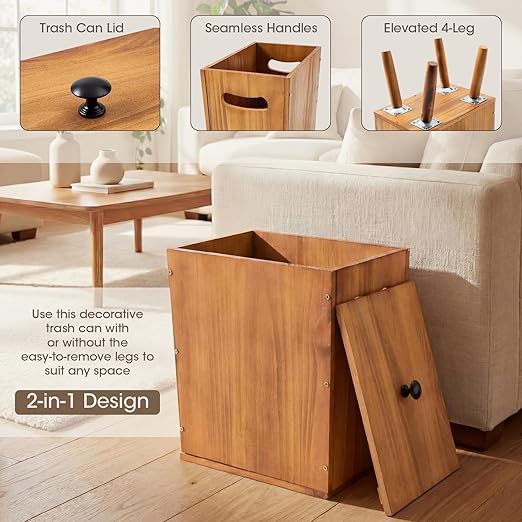 Ctosree 3 Gallons Wooden Wastebasket with Lid Wood Trash Can with Handles and Legs Rectangular Garbage Bin for Bedroom Bathroom Kitchen Living Room Office Decorative