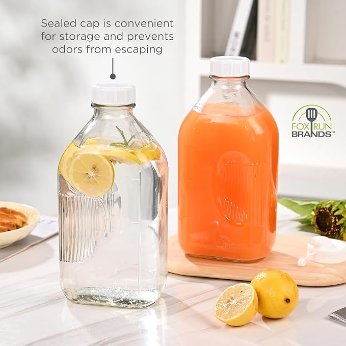 Fox Run Large Glass Milk Bottles Set of 2 64oz/2 Quart Capacity Glass Bottles with Airtight and Pouring Lids